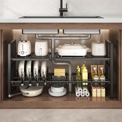 Catálogo de Almacenaje bajo fregadero los mejores 10. 50 Organizador Debajo Del Fregadero Expandible 2 Niveles Materiales Metálicos Estante para Fregadero de Cocina Impermeable y Antioxidante Negro 5 placas 3 cestas 1 porta-tapa Tofaney