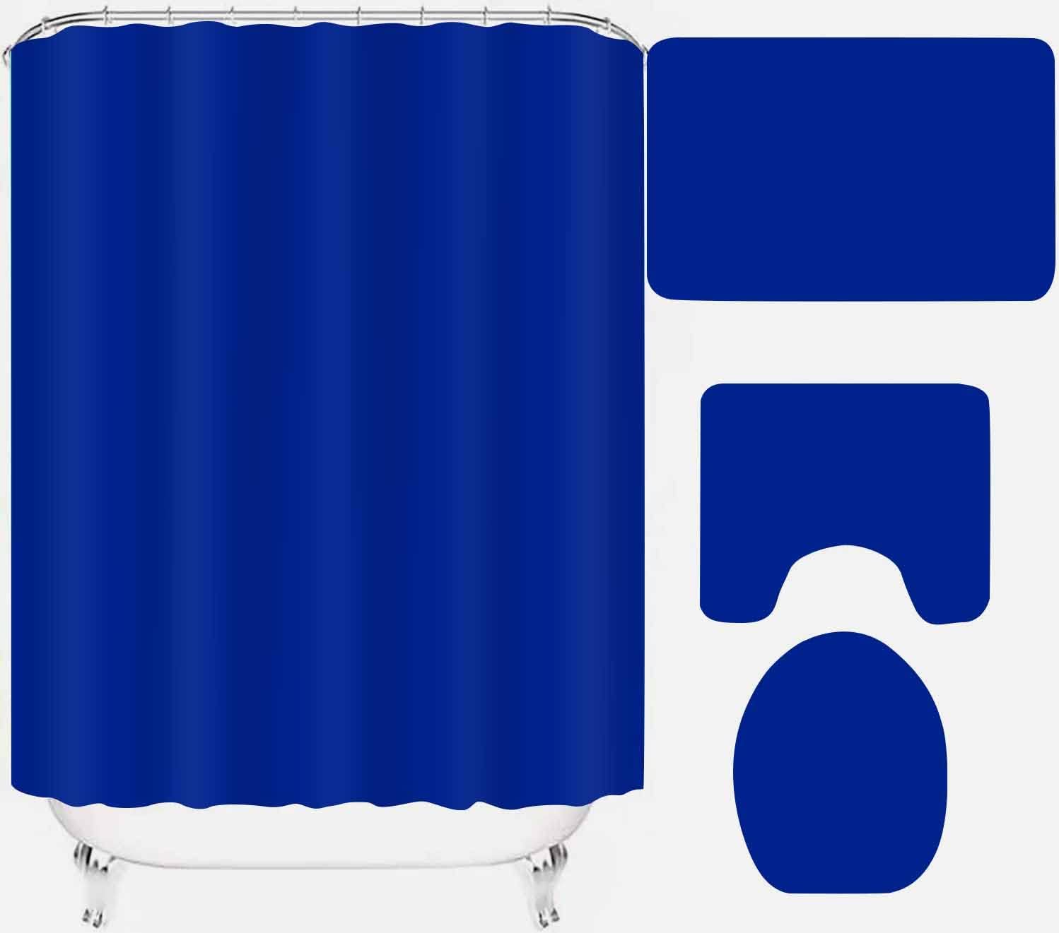 4 Pcs Bathroom Shower Curtain Sets,Classic Royal Blue Shower Curtain Solid Color Shower Curtain Sets with Rugs (Bath Mat,U Shape Mat and Toilet Lid Cover Mat),Polyester,Waterproof