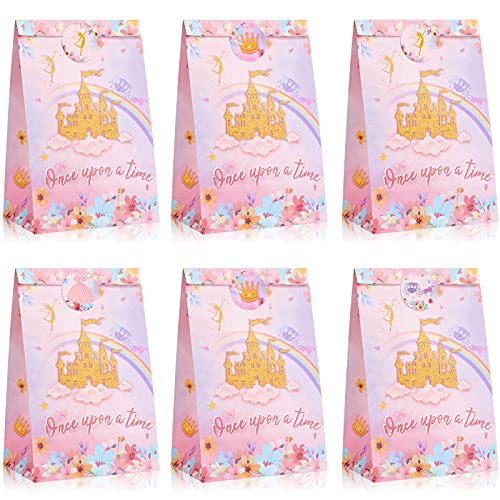 Set of 16 Princess Party Treat Bags Pink Princess Castle Candy Goodie Bags Princess Theme Party Supplies with 16 Princess Stickers for Princess Girl Kids Birthday Baby Shower Party Favors
