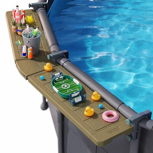 POOLHACKER Poolside Bar Extended for Above-Ground Round Pools, Original Swim-Up Bar Table, Foldable Patio Poolside Table, Weather-Resistant Stable Tabletop, Easy Maintenance, Brown