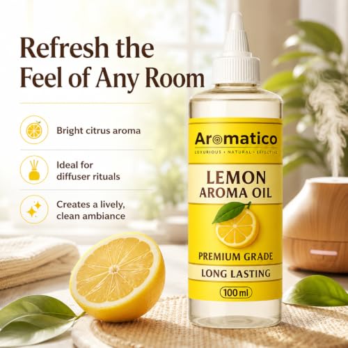Image of AROMATICO Pure Lemon Aroma Diffuser Oil with Long-Lasting Fragrance for Homes, Offices & Showrooms. Ideal for Diffusers, Reed Diffusers, Air-Purifiers & Candles 100 ml