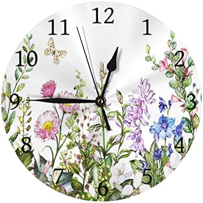 Snrfory Wall Clock Tropical Herb and Wild Flower Leaf 10 Inch Silent Non-Ticking Wall Clocks Battery Operated Home Deco Round Wall Clock
