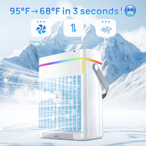 Portable Air Conditioners,1200ML Cooling fan Mini Air Conditioner with Remote Control,3 Wind Speed & 7 LED Light,3 Cool Mist& 1-3H Timer,Personal Air Conditioner Evaporative Air Cooler for Room/Office