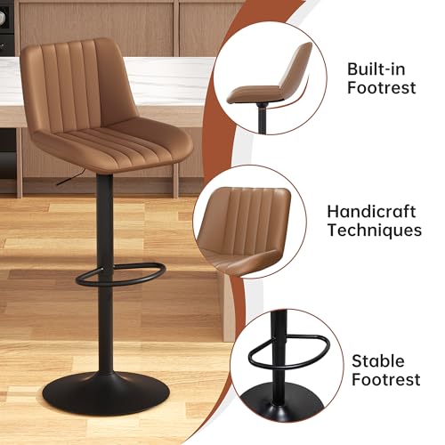 Image of JAMFLY Modern Leather Bar Stools - Swivel & Height-Adjustable Bar Chairs with Footrest, Ergonomic Design for Kitchen Island, Home & Commercial Bar - Set of 4, Brown