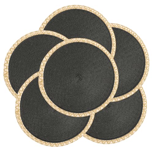 fanquare Manteles Individuales Trenzados Redondos Juego de 6 Salvamanteles Negro con Ribete Dorado 34cm Manteles Individuales Tejidos para Cocina para Comedor Decoración del Hogar