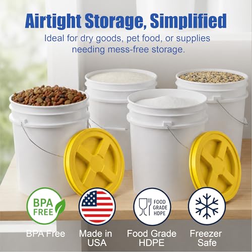 Image of ePackageSupply 5 Gallon Bucket - Food Grade w /Lid BPA-Free, White /Yellow, 6 | Airtight Gamma Seal Screw-On Lid, Heavy-Duty 90 Mil HDPE Plastic, Food Safe and Durable Container, Bulk Storage, Made in USA