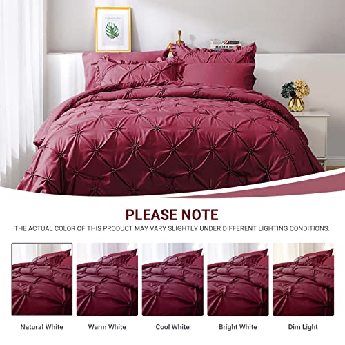 JOLLYVOGUE Dark Red Cal King Size Comforter Sets 7 Pieces, Pintuck Bed in a Bag Comforter Set for Bedroom, Bedding Comforter Sets with Comforter, Sheets,Ruffled Shams & Pillowcases