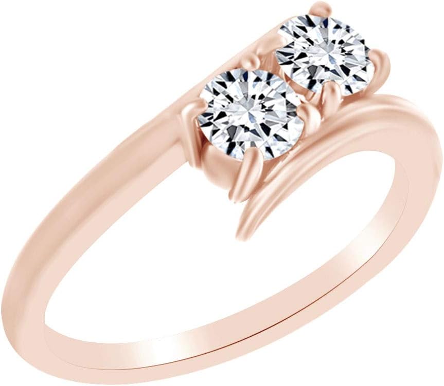 AFFY Round Shape White Cubic Zirconia Two Stone Bypass Engagement Ring in 10k Solid Gold