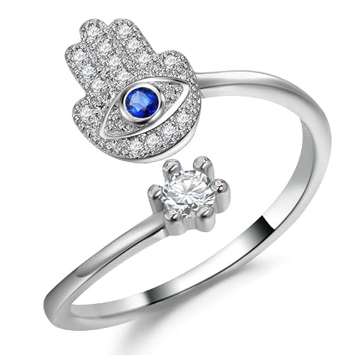 YILUOCD Hamsa Hand Evil Eye Ring for Women, Evil Eye Hamsa Hand of Fatima Ring Blue Cubic Zirconia Inspirational Turkish Eye Ring Hamsa Hand Jewelry Set Gifts Valentine Day Chrismtas Gifts (Silver)