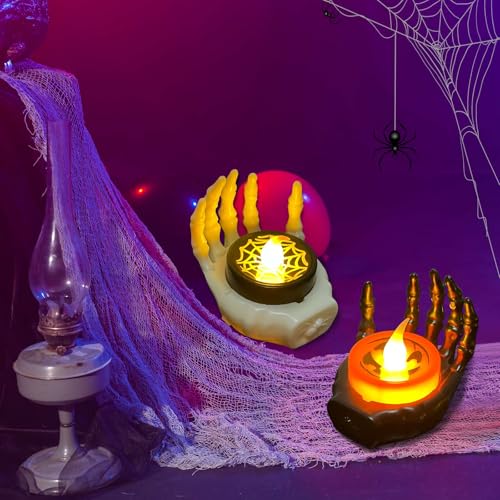 Image of YBB 12Pcs Halloween Skeleton Hands Candle Tea Lights, Novelty LED Flameless Skull Ghost Hand Lamps for Halloween Party Table Home Spooky Decor