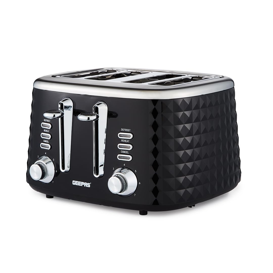 Geepas Argyle 4 Slice Toaster - 1750W - 7 Browning Levels - Defrost, Reheat, Cancel Functions - Stainless Steel - Black