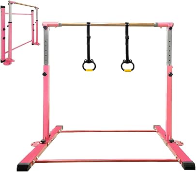 Gymnastics Bar for Kids Girls Ages 3-15 with Ring for Home Indoor Training Equipment- Steady Steel Construction, Anti-Slip, Easy to Assemble, 3 to 5 Adjustable Height