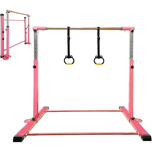 Gymnastics Bar for Kids Girls Ages 3-15 with Ring for Home Indoor Training Equipment- Steady Steel Construction, Anti-Slip, Easy to Assemble, 3' to 5' Adjustable Height