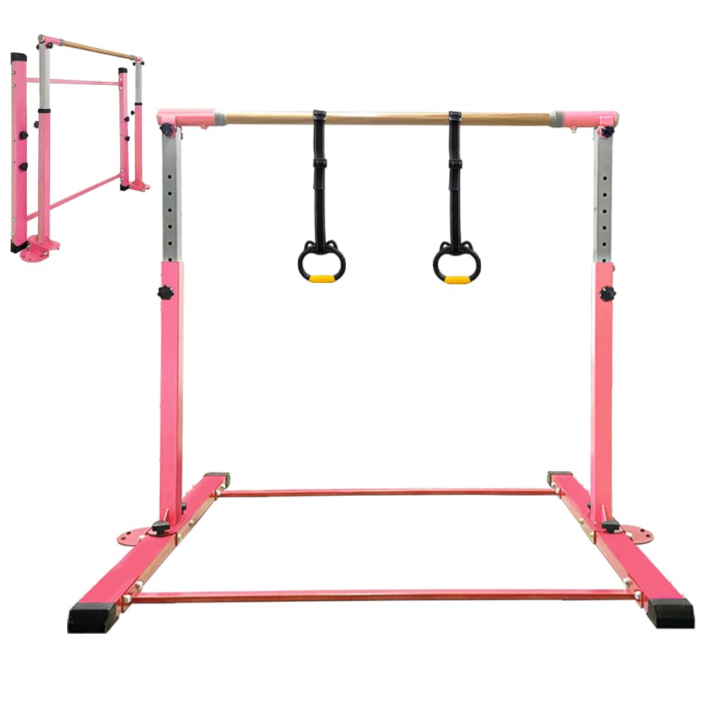 Gymnastics Bar for Kids Girls Ages 3-15 with Ring for Home Indoor Training Equipment- Steady Steel Construction, Anti-Slip, Easy to Assemble, 3' to 5' Adjustable Height