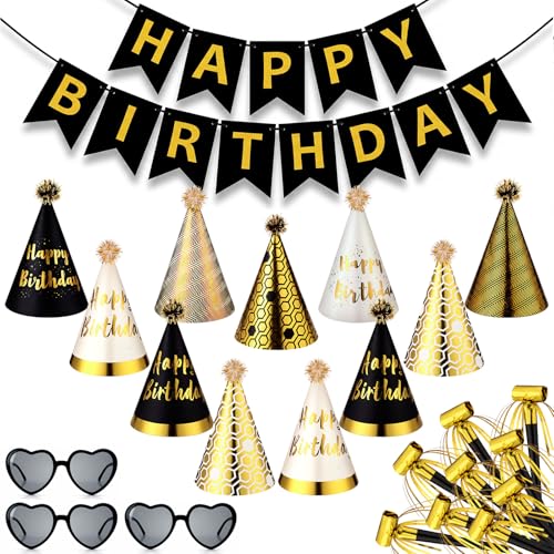 Bannière noire et dorée d'anniversaire et 24 accessoires de fête avec chapeaux