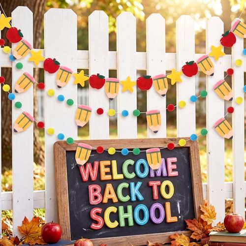 Image of Tatuo 3 Pcs 17.72 ft Back to School Felt Pom Banner Pencil Apple Hanging Banner Welcome Classroom Garland for First Day of School Decoration