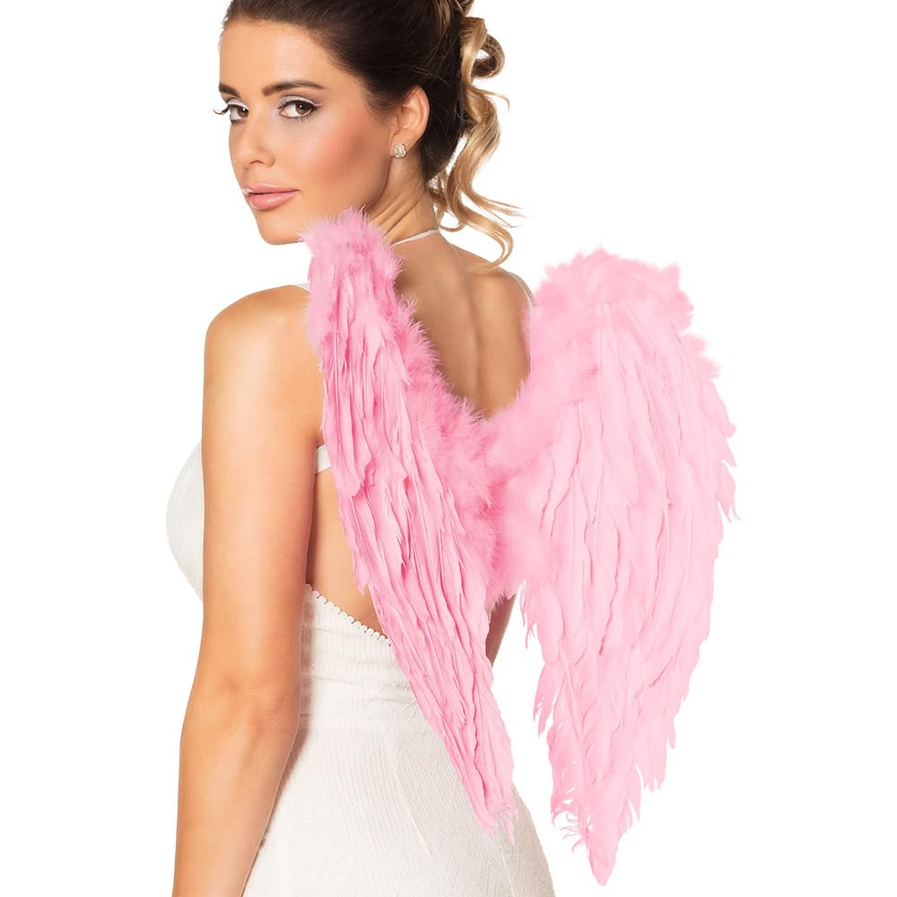 Angel Fairy Wings Costume Fancy Dress Large Black/ White/ Red/Rainbow/Pink Deluxe Real Feathers WINGS/ feather BOAS/ HALO (Baby Pink Wing)