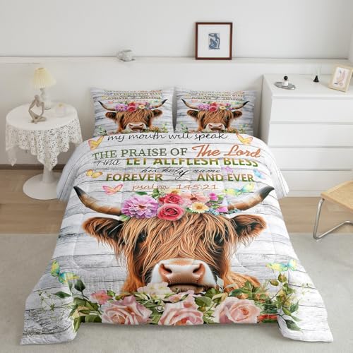 Image of Feelyou Highland Cow Comforter Set Rose Highland Cattle Bedding Set for Kids Boys Girls Bull Cattle Comforter Botanical Floral Quilt Set 1 Comforter Set with 2 Pillowcases Queen Size