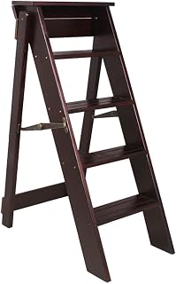 Escalera plegable de madera de color nogal, 5 escalones, diseño duradero y elegante, perfecto para adultos, uso doméstico y oficina, acabado de nogal negro, solución de ahorro de espacio
