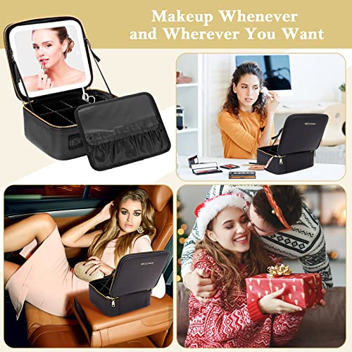 Milishow Makeup Bag With Mirror 3 Color Lighting Travel Makeup Train Case Cosmetic Organizer Portable Makeup Storage Bag With Makeup Brushes Storage Organizer - Black #TOP5