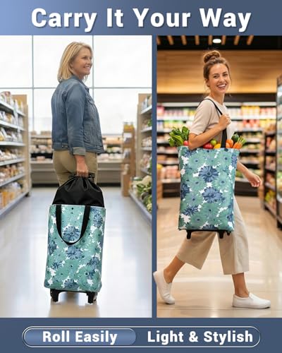 Image of Rolling Shopping Bag, Small Shopping Cart with Wheels,Collapsible Portable Waterproof Tote for Market & Grocery Runs-Gift for Women & Seniors(Flower&Expandable Bag)