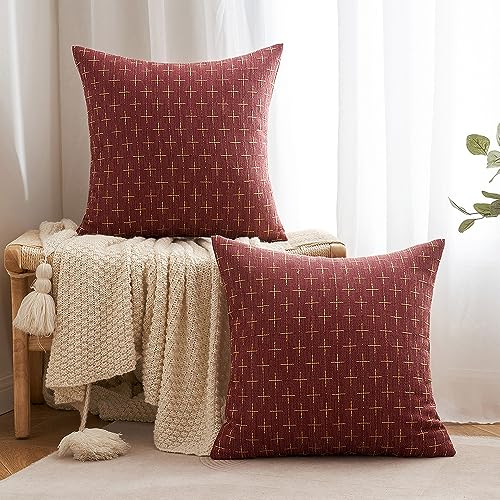 Miuleepackof2christmasdecorativeburlaplinenthrowpillowcoversmodernfarmhousepillowcaserusticwoventexturedcushioncoverforsofacouchbed18x18inchwinered  Urban Country Home Decor Miulee pack of 2 christmas decorative burlap linen throw pillow covers modern farmhouse pillowcase rustic woven textured cushion cover for sofa couch bed 18×18 inch wine red  urban country home decor