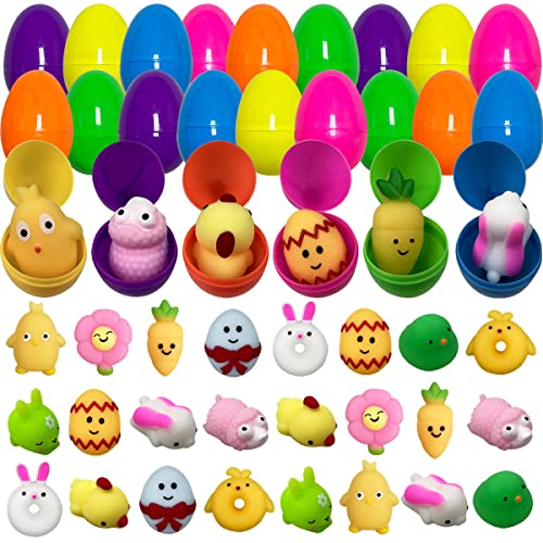 Pinkiwine 24 Pack Plastic Prefilled Easter Eggs with Easter Mochi Squishy Toys Inside for Kids Boys Girls Toddlers Easter Basket Stuffers Gifts Fillers