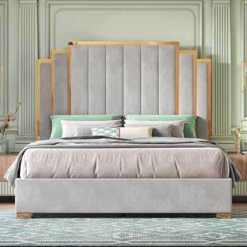 HOWE 61" King Size Upholstered Bed Frame with Golden Plating Trim, Grey
