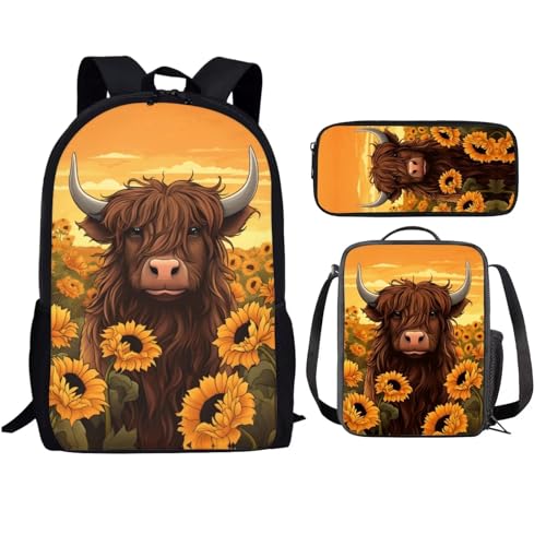 Showudesigns Highland Cattle Backpack Set for Teen Girls 8-10/10-12 Boys School Bag With Lunch Bag Pencil Case Sunflower Kids Bookbag Middle Primary School Book Bags 4Th/5Th/6Th Grade Causal Daypack