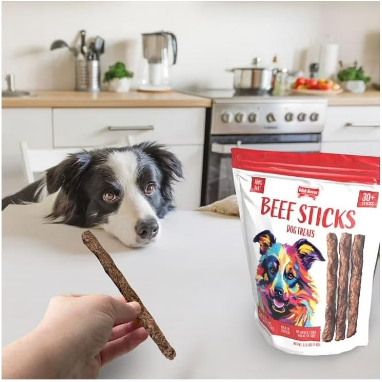 Irish~Rover Beef Sticks Dog Treats ~ 30 Count ~ Net Weight 2.2 Lbs, (1Kg) ~ 100% Beef, High Protein, No Artificial Colors, No Artificial Flavors and Preservatives.