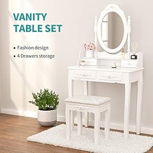 Vanity table set makeup table with oval mirror stool bedroom wood dressing table with 4 drawers white  urban country home decor