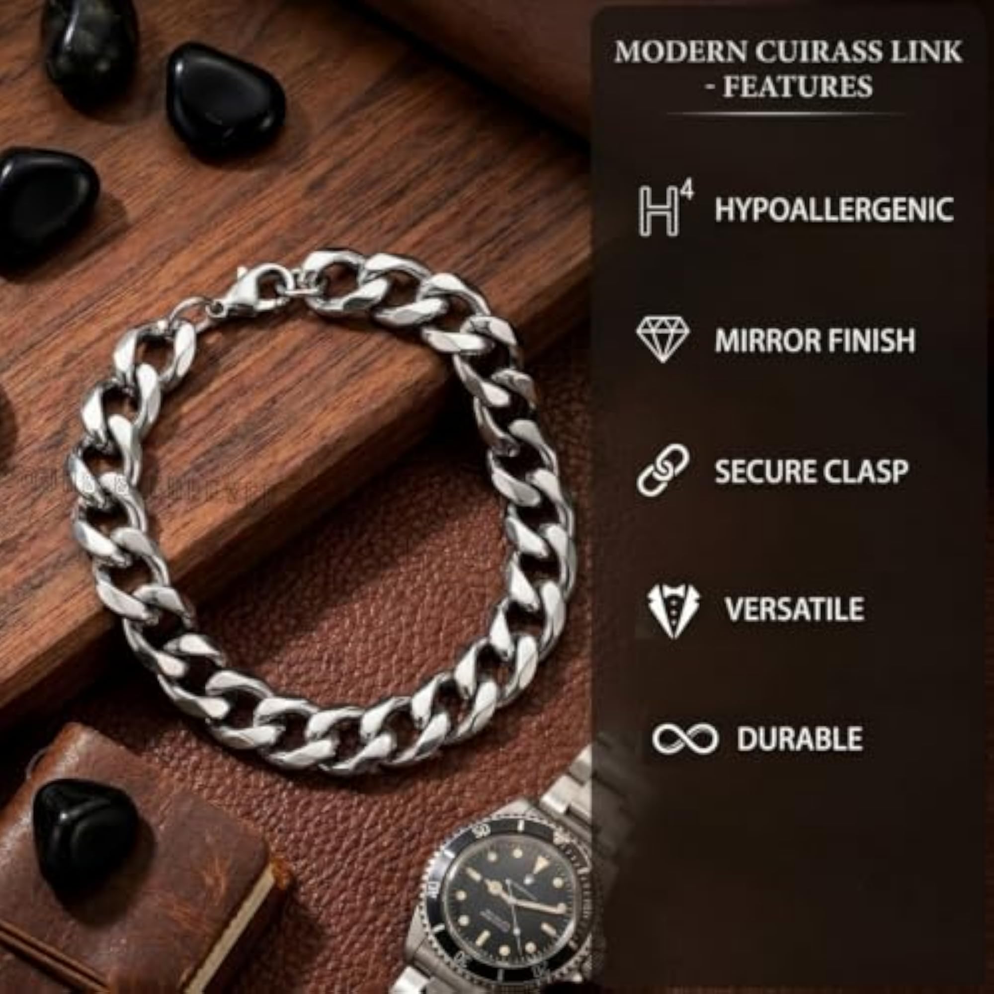 Stainless Steel Cuban Curb Chain Bracelet for Men, Bold Punk Style