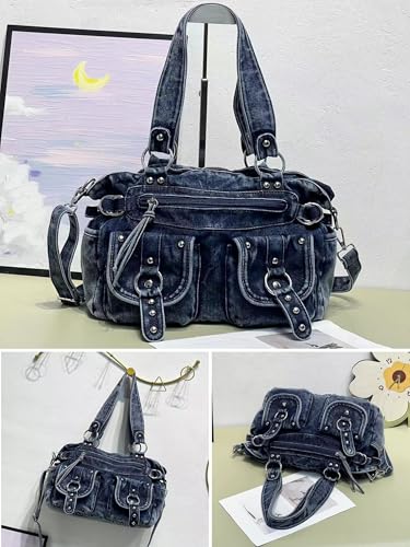 Image of Designer Denim Handbags for Women Hobo Tote Bag Crossbody Denim Purses Blue Jean Shoulder Bag
