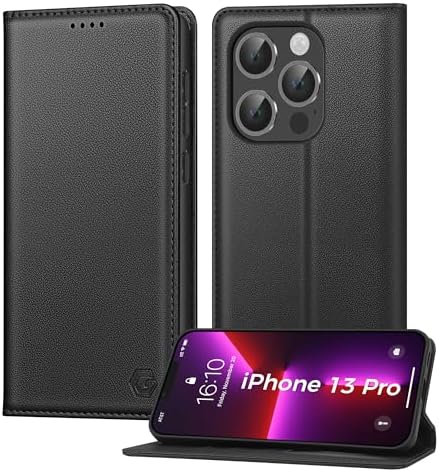 Kirnntca Handyhülle für iPhone 13 Pro Hülle, Kartenfach Premium PU Leder Klapphülle Schutzhülle, Standfunktion Tasche Flip Case für iPhone 13 Pro - Schwarz
