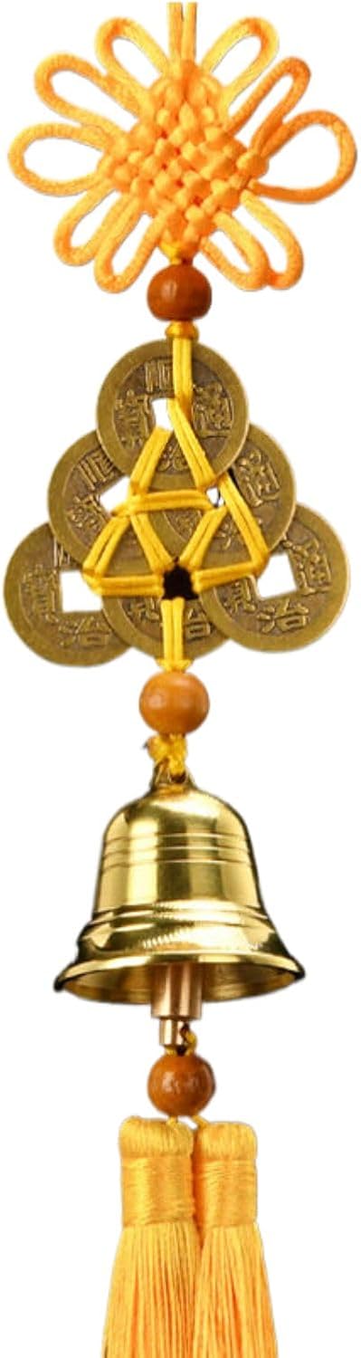 Statue Home and Office Decor for Success and Fortune 2025五黄二黑挂件镇守令挂饰黄绳六帝钱 Cucurbit for Wealth Peaceful 铜葫芦铜铃铛五帝钱吉祥结 Q-1911