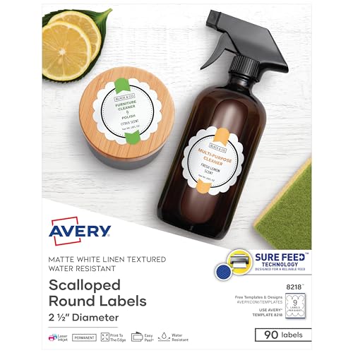 Image of Avery Scallop 2.5 Inch Round Labels with Sure Feed for Laser & Inkjet Printers, 90 White Labels (8218)
