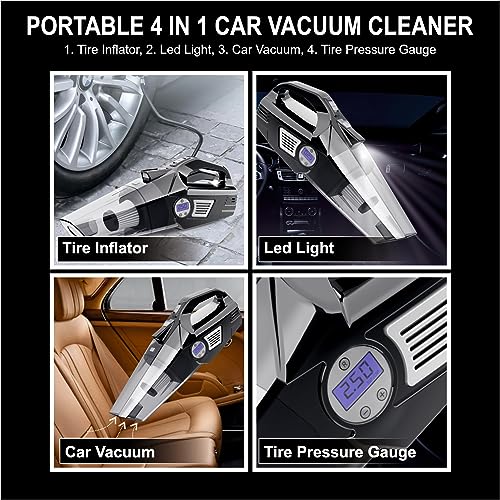 Image of 4 in1 Car Vacuum Cleaner with Tyre Inflator DC12V High Power 7000PA Handheld Car Vacuum LED Light, 4.2M Power Cord, for Wet /Dry Use, Black (TWOWAY)