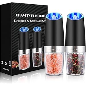 Sweet Alice Gravity Electric Pepper and Salt Grinder Set, Adjustable Coarseness, Battery Powered with LED Light, One Hand Automatic Operation, Stainless Steel Black, 2 Pack