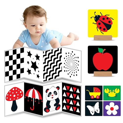 Image of High Contrast Flash Cards Busy Book for Babies & Newborns | 2 Carousel Books, 32 Objects Cards, 2 Stands | Visual & Sensory Stimulation, Tummy Time Toy | Gift for 0-18 Months