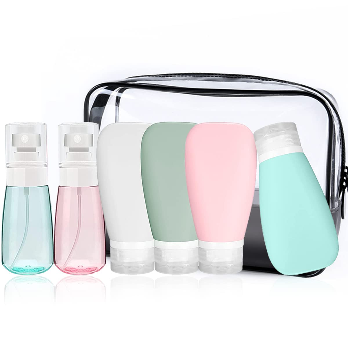 PawPawU® Toiletry Travel Bottle with Bag, 4 Silicone Refillable Empty Leak Proof Squeeze Containers & 2 Mist Spray Bottles for Liquids, Shampoo, Conditioner or Lotion