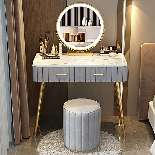 Schminktisch mit 3 Farbigen LED Beleuchtetem Spiegel, 360° Schwenkbar Schminkspiegel, Frisiertisch mit Schublade, Kosmetiktisch mit Gepolstertem Hocker für Schlafzimmer, Schminkzimmer ( Color : Grey Cover