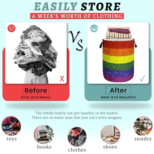 Image of Shiny Rainbow Laundry Basket Oxford Cloth Foldable Hamper 18.9x16.5 Inch | With Handle Tote Bag Colorful Laundry Hamper Clothes Storage Bucket Toy Organizer For Bathroom /Laundry /Bedroom