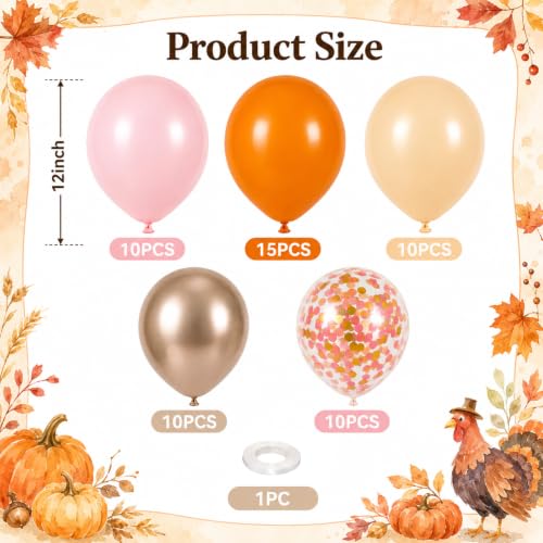 Image of Fall Balloons 55pcs, Thanksgiving Orange Pink Gold Confetti Balloons Set | Fall Color Orange Nude Pink Metallic Gold Balloons for Friendsgiving Little Pumpkin Baby Shower Autumn Harvest Birthday Decor