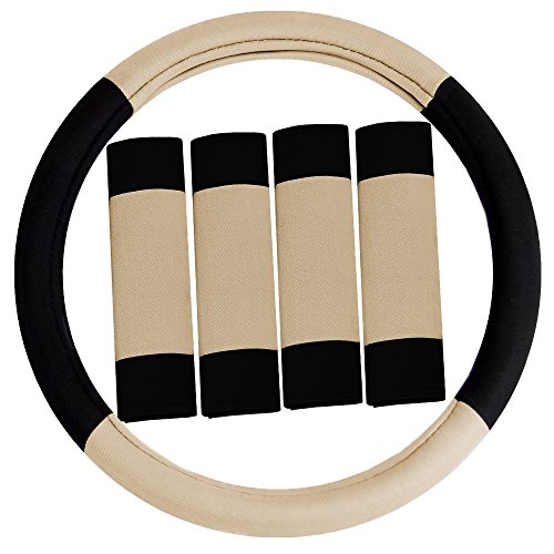 Image of FH Group FH2033BEIGE Universal Fit Modernistic and Seat Belt Pads Combo Set Beige Steering Wheel Cover Fits Most Cars, SUVs Trucks