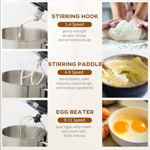 HOMCOM Digital Stand Mixer, 6L 1400W Tilt-Head Food Mixer with 11 Speeds, Pulse & Fermentation Function, LED Display, Dough Hook and Scraper, Whisk, Beater, Egg Separator, Dishwasher-Safe Bowl, Black - Image 6