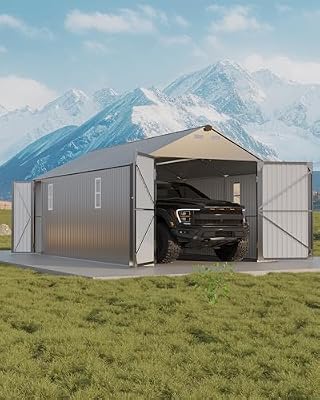 GarveeLife 12x20 ft Metal Carport, Enclosed Car Port with Vertical Steel Roof for All-Weather Use, Metal Garage Shed with Man Door for Sedans & SUV, Gray