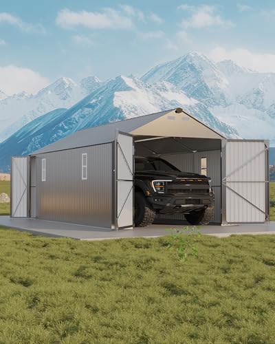 Image of GarveeLife 12x20 ft Metal Carport, Enclosed Car Port with Vertical Steel Roof for All-Weather Use, Metal Garage Shed with Man Door for Sedans & SUV, Gray