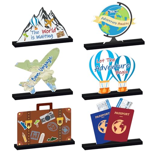 6 PCS Travel Decor Wooden Centerpieces Table Toppers Adventure Awaits Baby Shower Decor Bon Voyage Party Decor Around the World Decor Photo Props for Let The Adventure Begin Going Away Party