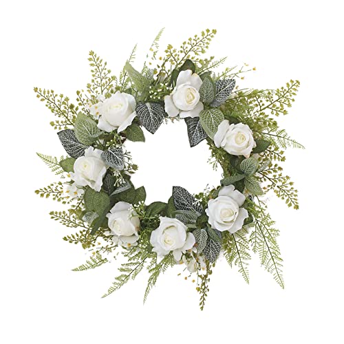 HJHIWE Couronne de roses artificielles blanches - Heurtoir de printemps - Guirlande de porte d'entrée pour fenêtre, mur, fête, mariage, décoration à suspendre Cover