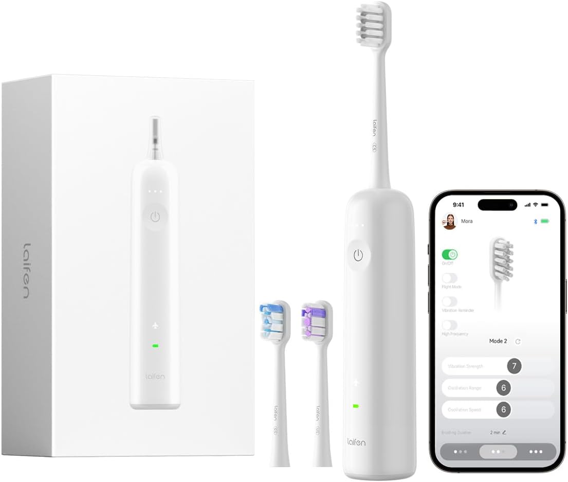 Laifen Wave Electric Toothbrush, Oscillation & Vibration Electric Sonic Toothbrush for Adults with 3 Brush Heads, IPX7 Waterproof Magnetic Rechargeable Travel Toothbrush (ABS White)